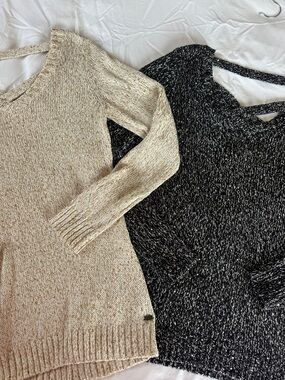 Two for one! Guess V-Neck Sweaters in Cream and Black Marled sequined